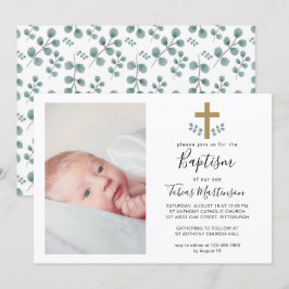 Enkel eukalyptus Löv med Kor Baptism Photo Inbjudningar