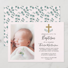 Enkel eukalyptus Löv med Kor Baptism Photo Inbjudningar