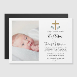 Enkel eukalyptus Löv med Kor Baptism Photo Magnetisk Inbjudningskort