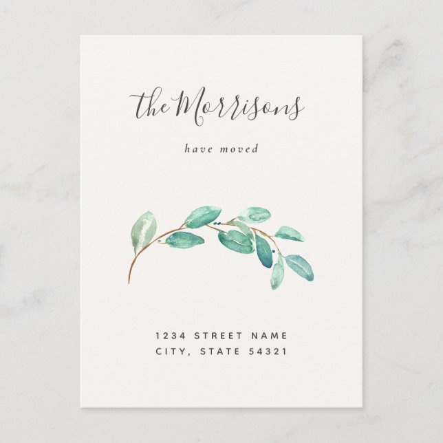 Enkel eukalyptus Nytt meddelande om Flytta hemma Vykort (Framsida)