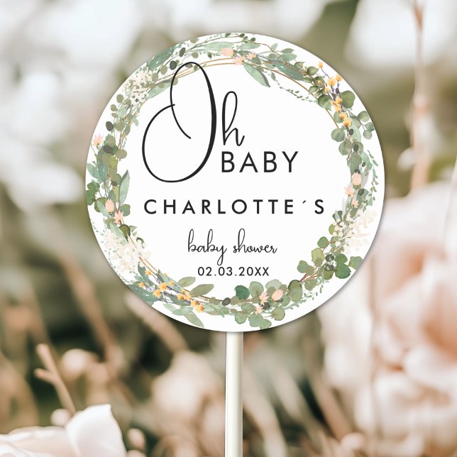 Enkel eukalyptus Utandningsskugga Runt Klistermärke (Simple Eucalyptus Wreath Baby Shower Classic Round Custom Sticker with your Name and Date.)