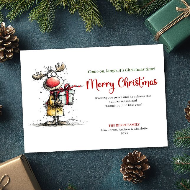 Enkel Excentrisk Ren Julkort (Simple Quirky Reindeer Merry Christmas Card)