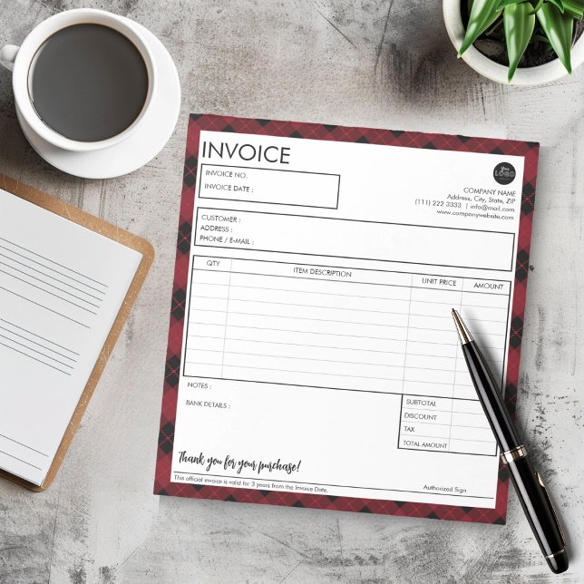 Enkel fakturamall med anpassad röd rutig kantlinje anteckningsblock (Minimalist Red Plaid Border Business Invoice Template Notepad)