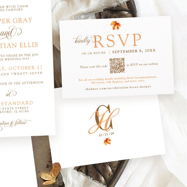 Enkel Fall Löv Rustic Autumn Bröllop QR OSA Tilläggskort (Simple modern orange rust watercolor Fall leaf Autumn wedding invitation QR code website RSVP card)