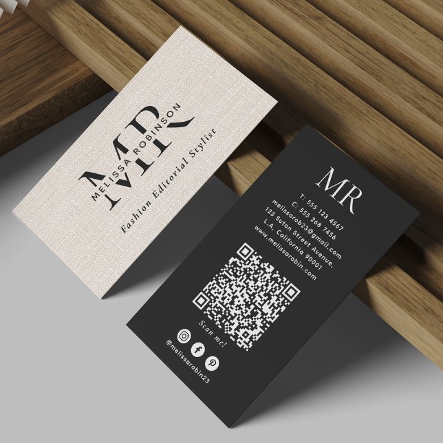 Enkel falsk burlap Svart & Vit Monogram QR-kod Visitkort (Skapare uppladdad)