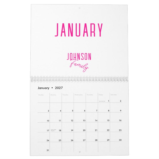 Enkel familj Namn Shock rosa Kalender (Jan 2027)