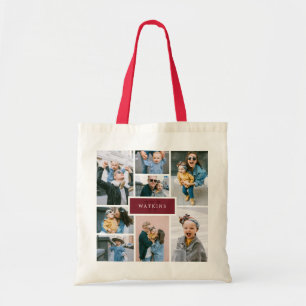 Enkel familjs fotokollage Burgundy Monogram Tygkasse