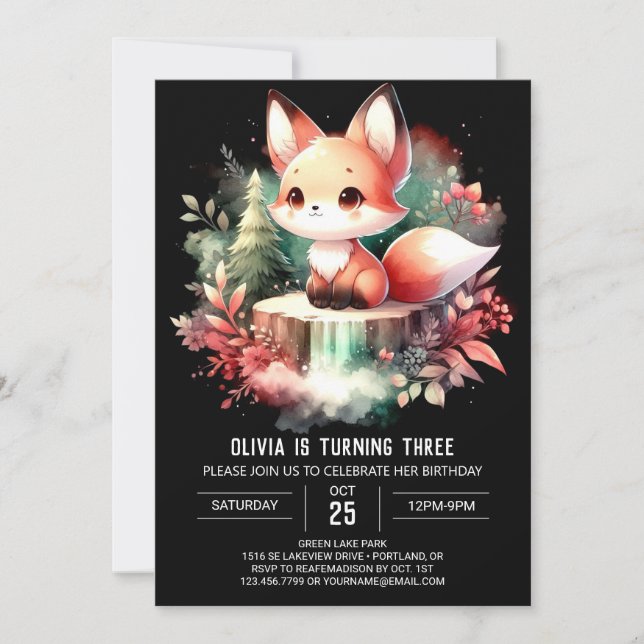 Enkel Fantasy Fox Birthday digital Inbjudningar (Framsida)