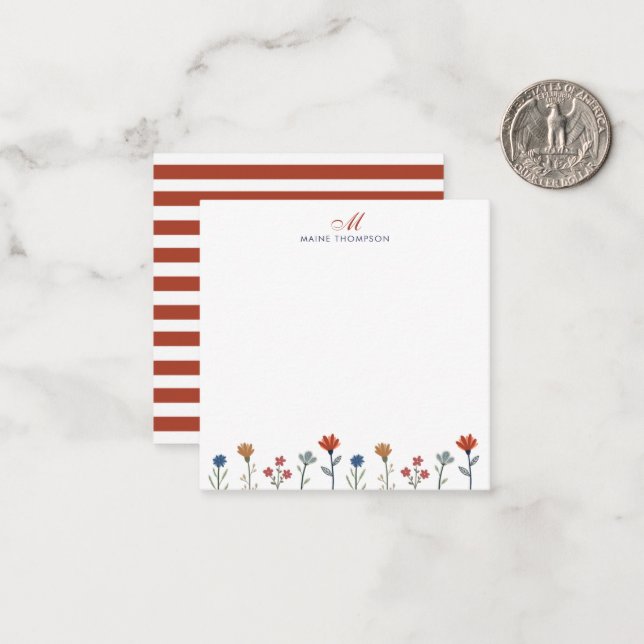 Enkel färgad blomma Skriptmonogram Rand Anteckningskort (Fram/Back In Situ)