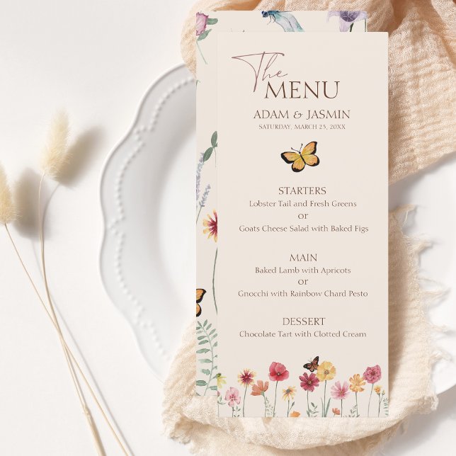 Enkel färgad Wildblomma Blommigt Bröllop Meny (Simple Colorful Wildflower Floral Wedding Menu)