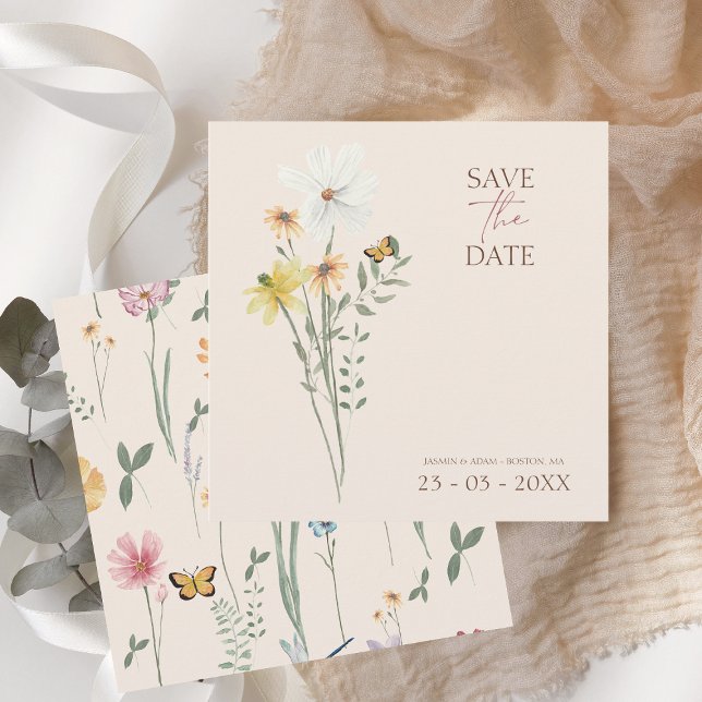 Enkel färgad Wildblomma Blommigt Bröllop Spara Datumet (Simple Colorful Wildflower Floral Wedding Save the Date Card)