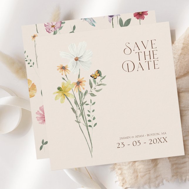 Enkel färgad Wildblomma Blommigt Bröllop Spara Datumet (Simple Colorful Wildflower Floral Wedding Save the Date Card)