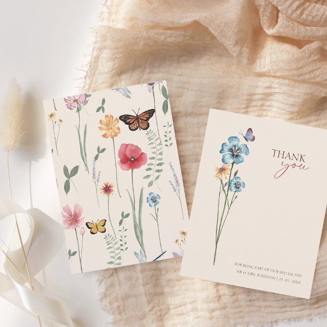 Enkel färgad Wildblomma Blommigt Bröllop Tack Kort (Simple Colorful Wildflower Floral Wedding Thank You Card)