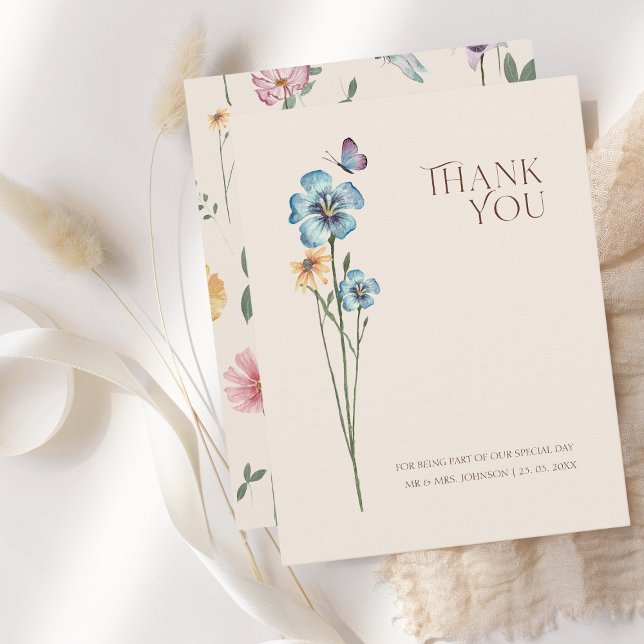 Enkel färgad Wildblomma Blommigt Bröllop Tack Kort (Simple Colorful Wildflower Floral Wedding Thank You Card)
