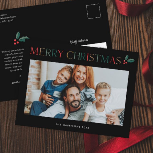 Enkel färgglad God Jul-fotografi Helg Vykort (Colorful Merry Christmas Photo Holiday Postcard.)