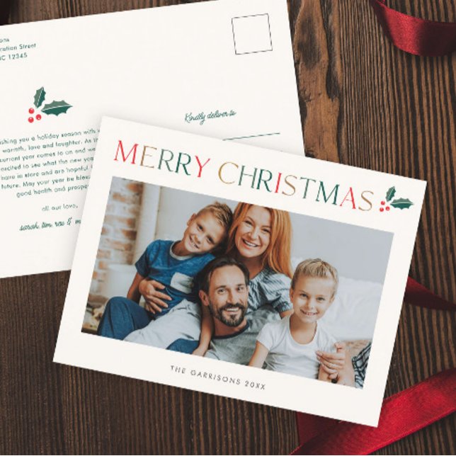 Enkel färgglad God Jul-fotografi Helg Vykort (Modern colorful merry christmas photo holiday postcard.)
