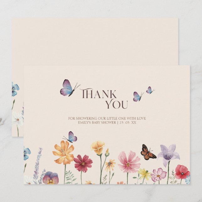 Enkel Färgrik Vildblomma Fjäril Bebis Babyshower Tack Kort (Fram/baksida)