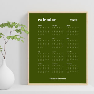 Enkel fetstil   Oliv grönt och vit 2024-kalender Poster
