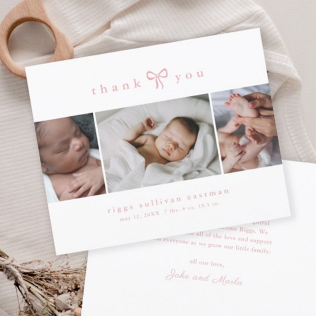 Enkel flicka med båge fotokollage Baby (Simple bow baby girl photo thank you cards.)