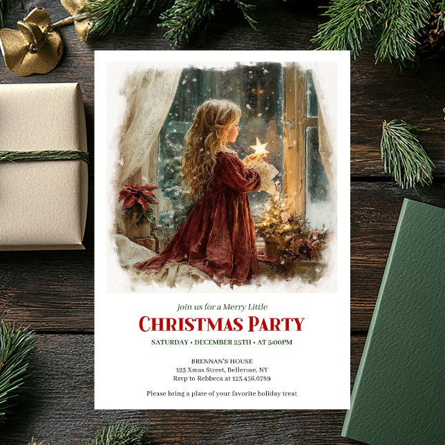 Enkel flicka väntar på tomte redigerbar julinbjuda inbjudningar (Simple girl awaits Santa editable Christmas invite)