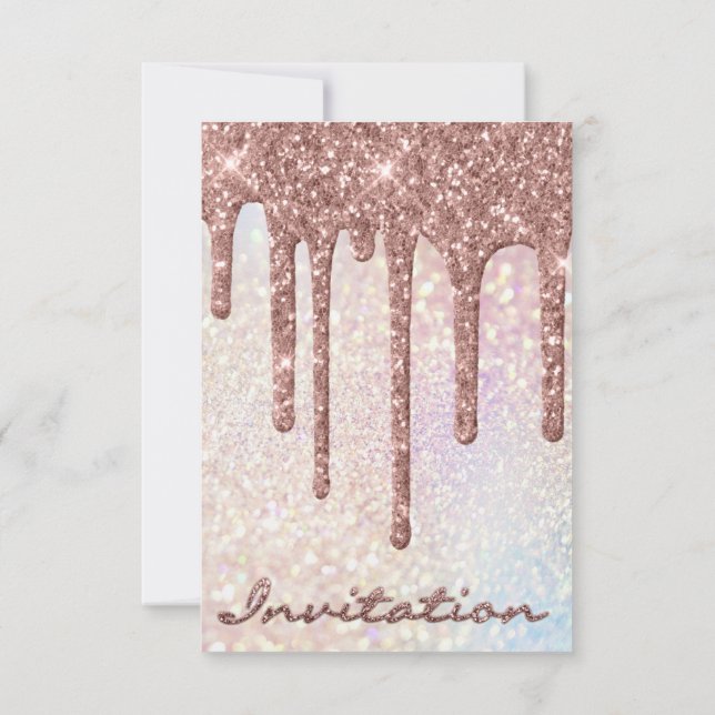 Enkel födelsedags bröllopsrosa guld dropar glitter inbjudningar (Baksida)