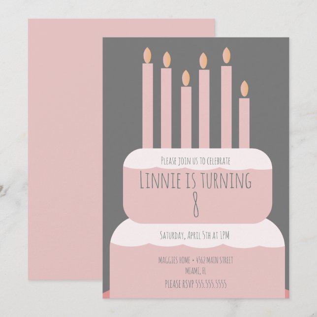 Enkel födelsedagskaka med Party Candles Rosa Inbjudningar (Fram/baksida)