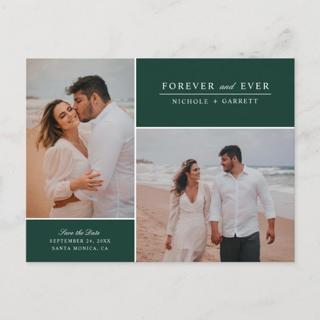 Enkel för två foton Spara datum| Grönt Meddelande Vykort (Framsida)