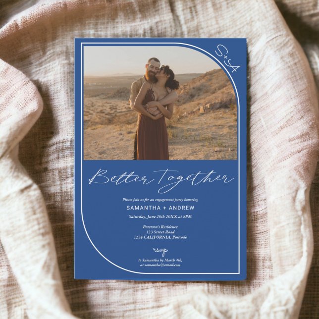 Enkel förlovning för moderna blå 2-bilder meddelande (Simple modern blue 2 photos engagement announcement)