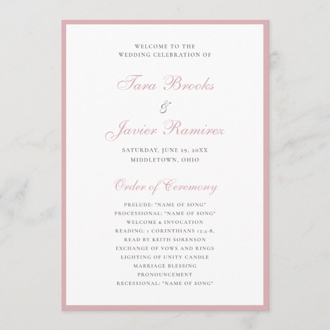 Enkel formell elegant rosa dammig ros bröllop program (Framsida)