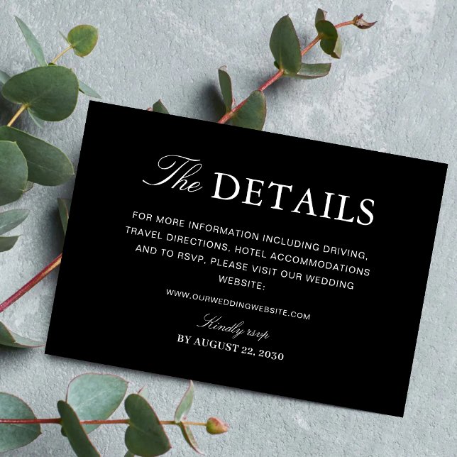 Enkel formell svart & vit bröllopsinformation tilläggskort (Simple black and white wedding enclosure cards keep important details organized and elegant.)