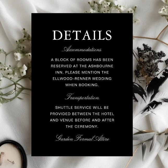 Enkel formell svart & vit bröllopsinformation tilläggskort (Simple black and white wedding enclosure cards provide essential details with elegant style.)