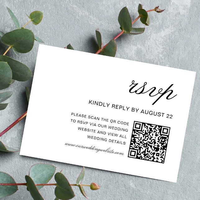 Enkel formell vit & svart bröllops QR-kod OSA Kort (Simple white and black QR code RSVP cards simplify guest replies with modern elegance.)