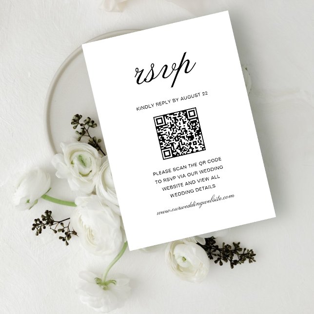 Enkel formell vit & svart bröllops QR-kod OSA Kort (Simple white and black QR code RSVP cards make guest responses easy and seamless.)