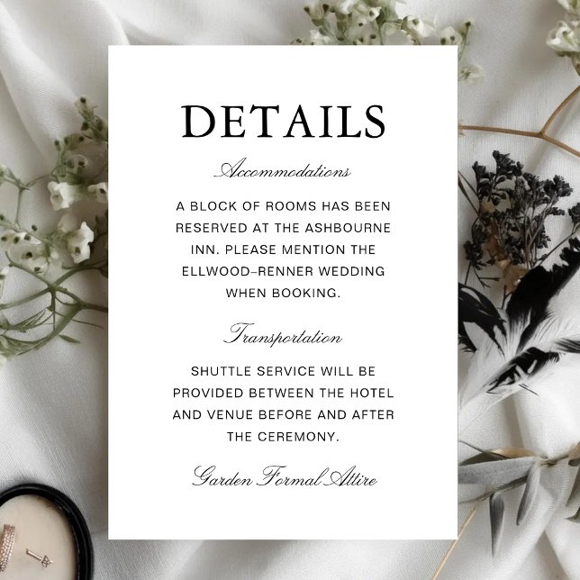 Enkel formell vit & svart bröllopsinformation tilläggskort (Simple white and black wedding enclosure cards keep guest information clear and elegant.)
