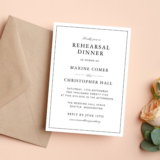 Enkel formell vit & svart repetition middag inbjudningar (Formal white and black rehearsal dinner invitation brings timeless elegance to your gathering.)