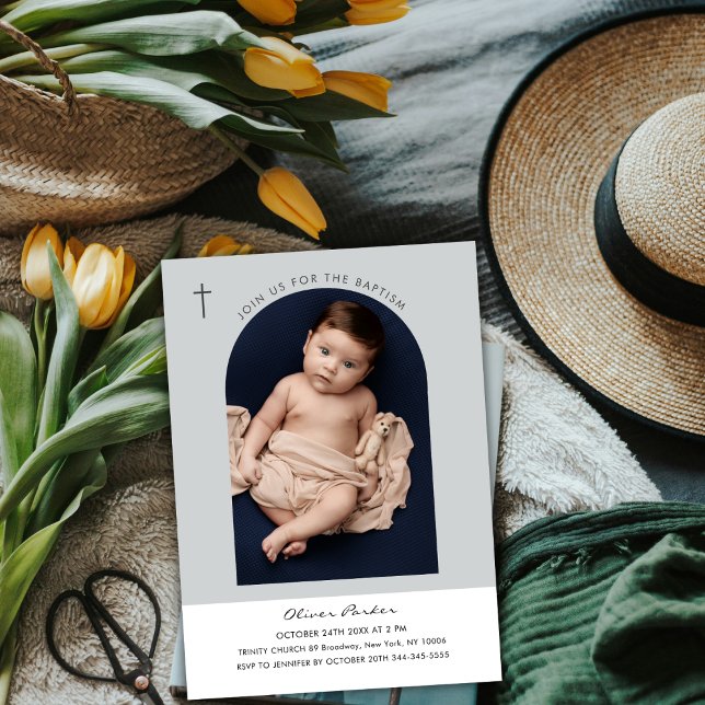 Enkel foto-baptism i den moderna Boho Arch Kor Bab Inbjudningar (Simple Modern Boho Arch Cross Baby Photo Baptism Invitation)