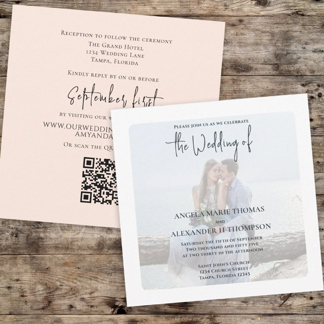 Enkel foto-Elegant, minimalistisk QR-OSA-koral Inbjudningar (Skapare uppladdad)