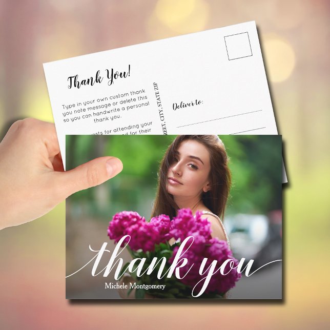 Enkel Foto Examen Vit Script Tack Vykort (Simple photo graduation thank you Postcards)