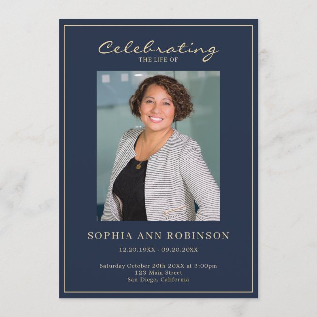 Enkel foto minnesgudstjänstordning guld blå program (Framsida)