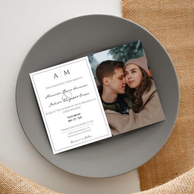 Enkel foto och Monogram White Bröllop Inbjudningar (White Simple Photo and Monogram Wedding Invitation)
