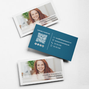 Enkel foto-Professionell QR-kodblått Visitkort