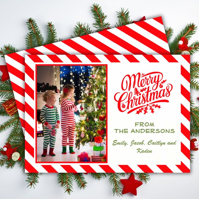 Enkel fotofil för God jul med Candy cane-randig yt Julkort (Simple Candy Cane Striped Merry Christmas Photo Holiday Card)