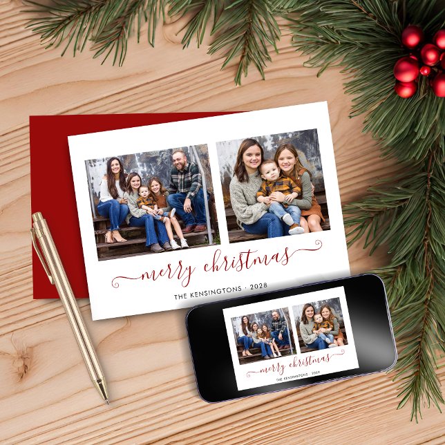 Enkel fotofil för Red Script God jul Helgdag Julkort (Simple Red Script Merry Christmas Photo Holiday Card)