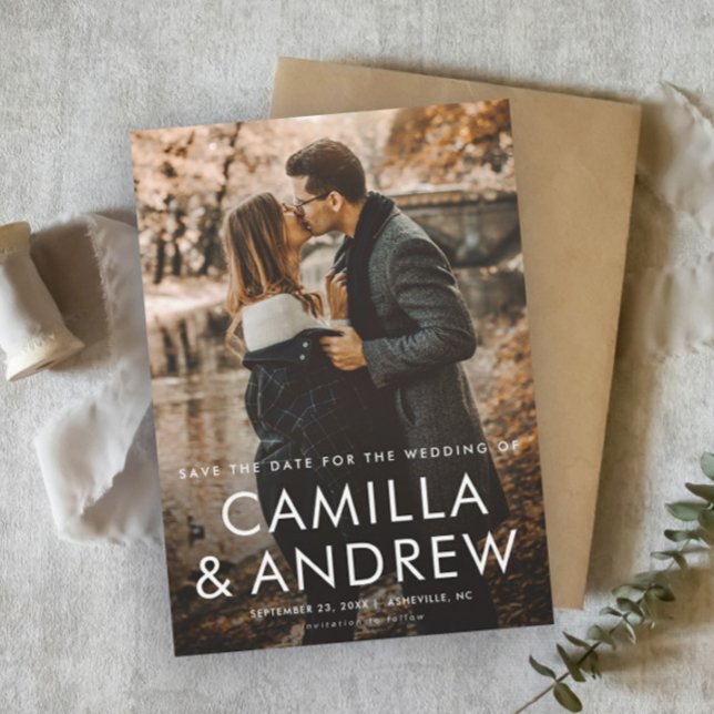 Enkel Fotografi Bröllop Spara Datum Magnet (Simple photo wedding save the date magnet with modern typographic overlay.)