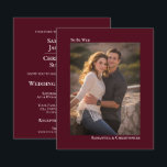 Enkel fotoinbjudan för Burgundy BUDGET Bröllop<br><div class="desc">Dessa vackra inbjudningar är enkla, moderna och minimalistiska samt budgetvänliga och prisvärda. De har en ren contemporary-burgundi, maron eller vin-röd färgad med ditt foto på framsidan med bildtext med namn och ord: att vara vred. Standardbröllopsinbjudan och information finns på baksidan. På baksidan finns också plats för en valfri webbadress så...</div>