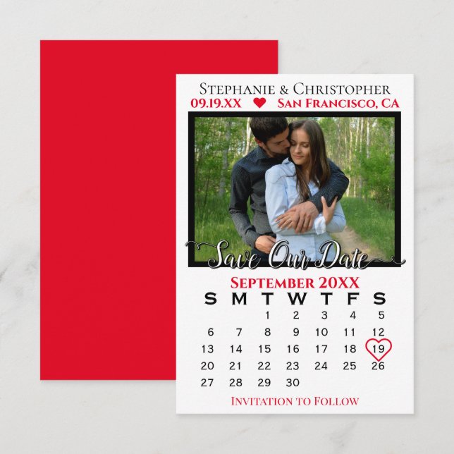 Enkel fotokalender Röd Bröllop Spara vårt datum Kort (Fram/baksida)