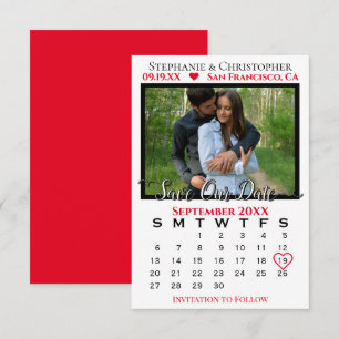 Enkel fotokalender Röd Bröllop Spara vårt datum Kort