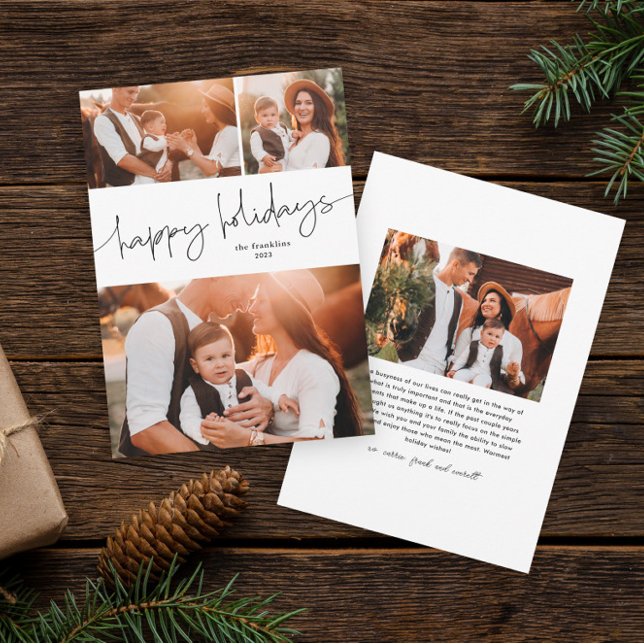 Enkel fotokollage av glad helg-skript julkort (Modern script happy holidays simple photo collage holiday card.)