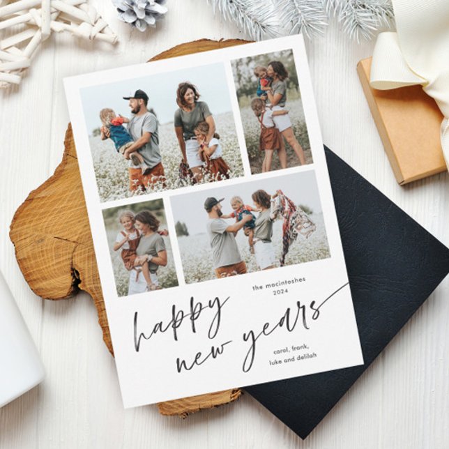 Enkel fotokollage-skript Gott nytt år Magnet (Simple black and white script happy new years 4 photo collage new years card holiday magnetic card.)