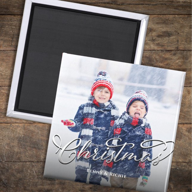 Enkel fotomall för God jul Magnet (Merry Christmas holiday photo magnet with silver calligraphy script. )